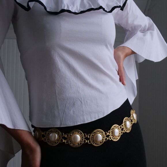 Vintage Harwill NY Faux Pearl Chain Belt - Picture 3 of 8